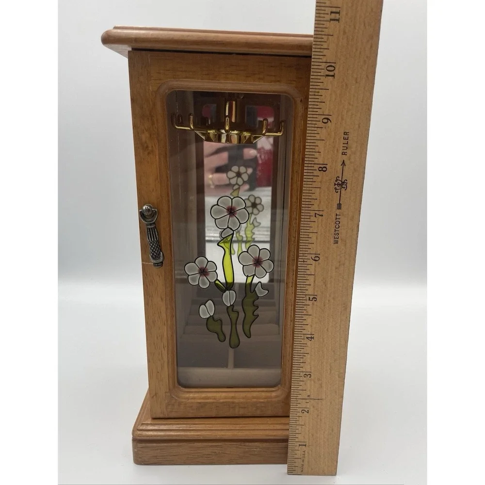 Vtg.  Wooden Jewelry Box Centurion Ring Chest Floral Stained Glass Door Mirror